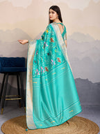 Monjolika Fashion Turquoise Zari Border Work Dola Satin Digital Printed Trendy Saree