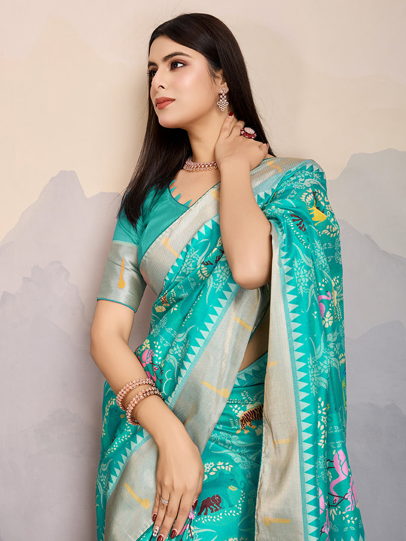 Monjolika Fashion Turquoise Zari Border Work Dola Satin Digital Printed Trendy Saree