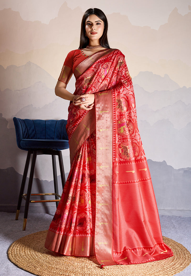 Monjolika Fashion Red Zari Border Work Dola Satin Digital Printed Trendy Saree