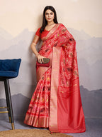 Monjolika Fashion Red Zari Border Work Dola Satin Digital Printed Trendy Saree