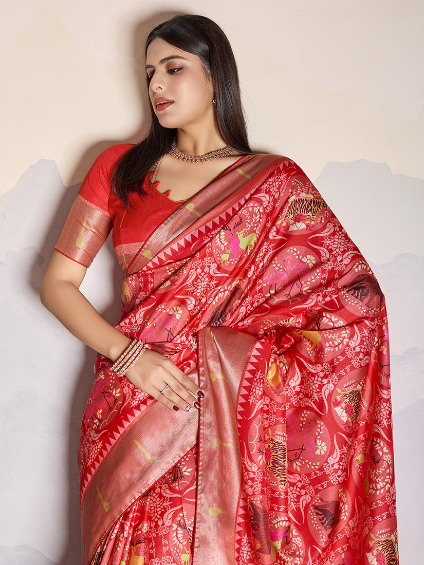 Monjolika Fashion Red Zari Border Work Dola Satin Digital Printed Trendy Saree