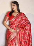 Monjolika Fashion Red Zari Border Work Dola Satin Digital Printed Trendy Saree