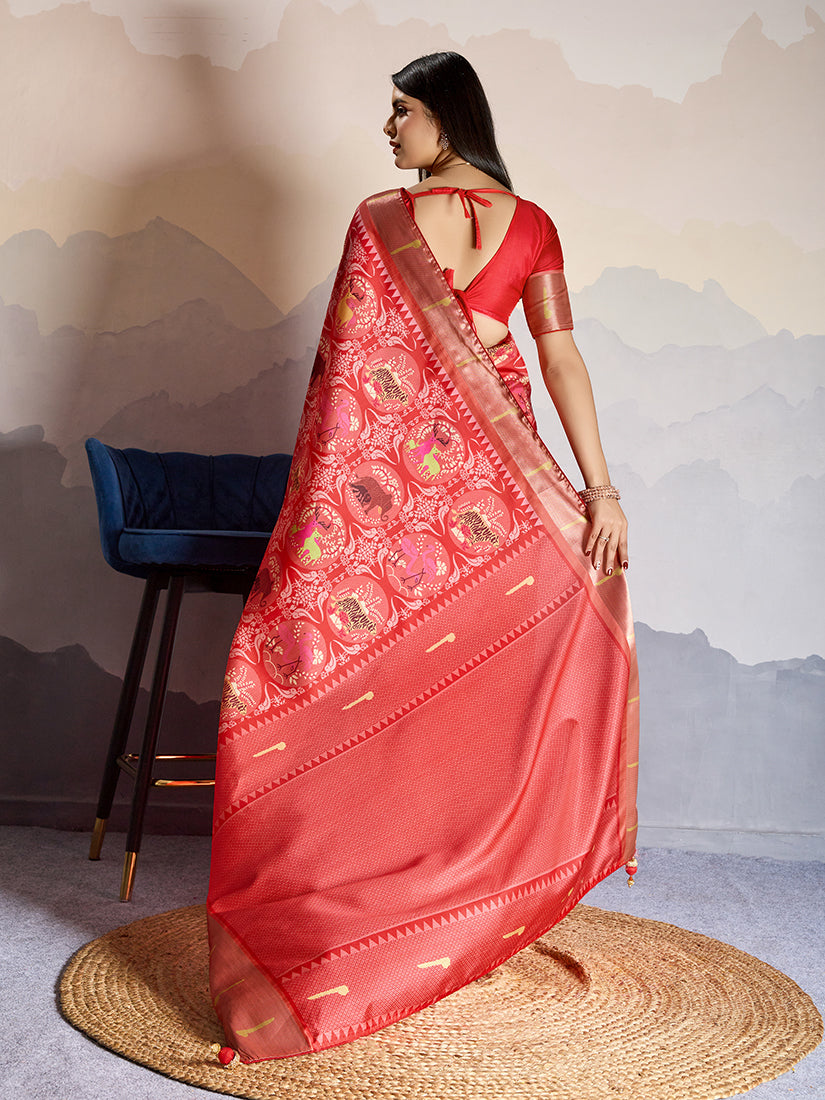 Monjolika Fashion Red Zari Border Work Dola Satin Digital Printed Trendy Saree