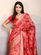 Monjolika Fashion Red Zari Border Work Dola Satin Digital Printed Trendy Saree