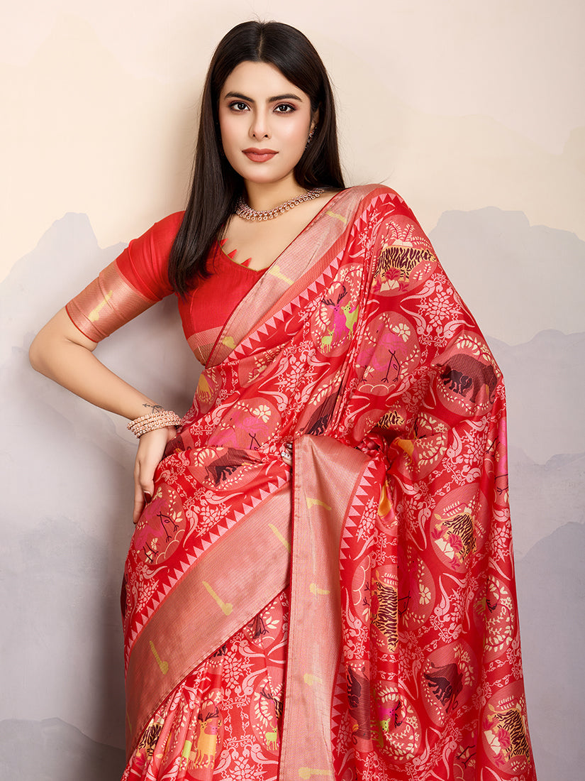 Monjolika Fashion Red Zari Border Work Dola Satin Digital Printed Trendy Saree