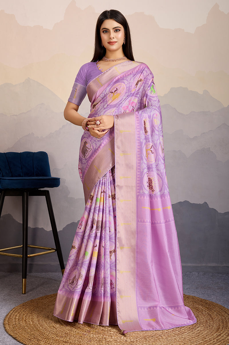 Monjolika Fashion Lilac Zari Border Work Dola Satin Digital Printed Trendy Saree