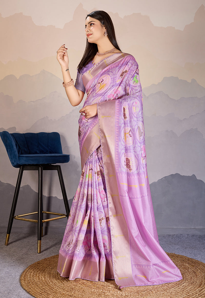 Monjolika Fashion Lilac Zari Border Work Dola Satin Digital Printed Trendy Saree
