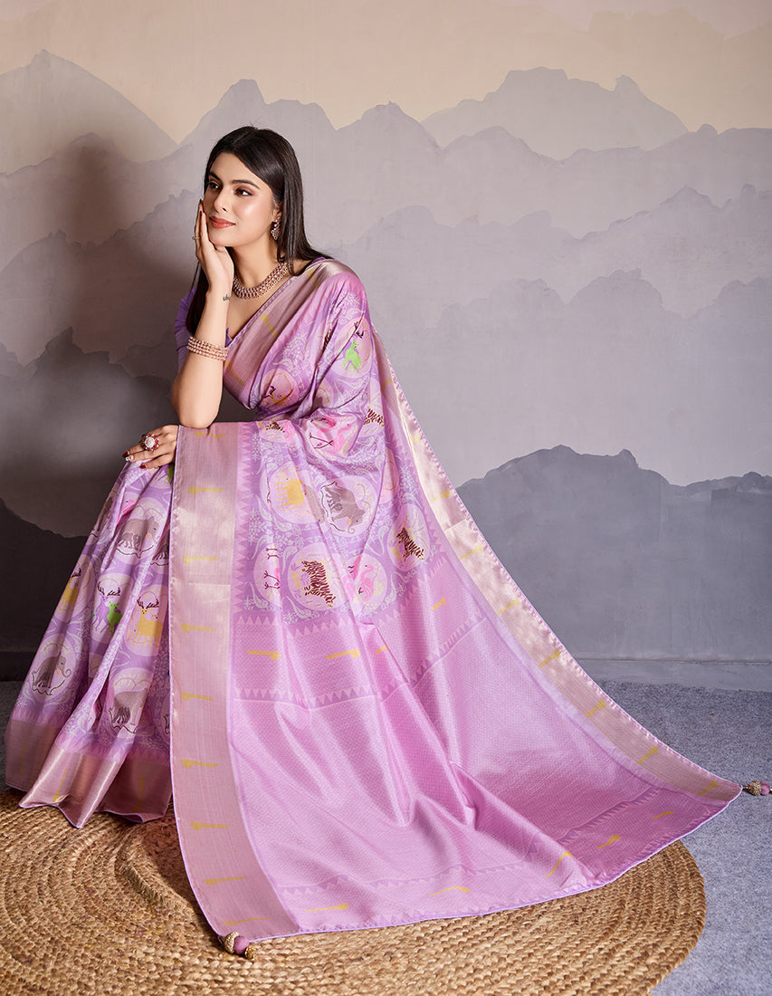 Monjolika Fashion Lilac Zari Border Work Dola Satin Digital Printed Trendy Saree