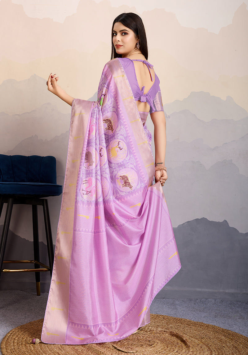 Monjolika Fashion Lilac Zari Border Work Dola Satin Digital Printed Trendy Saree