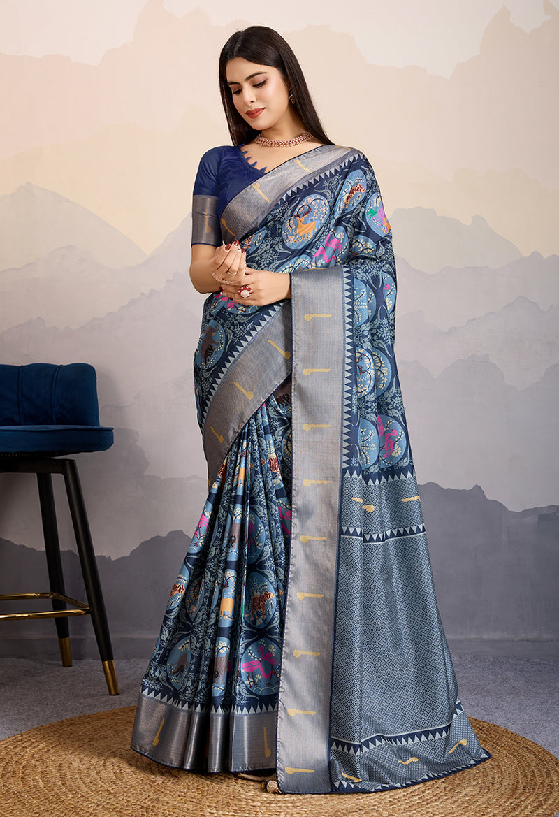 Monjolika Fashion Navy Blue Zari Border Work Dola Satin Digital Printed Trendy Saree