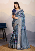 Monjolika Fashion Navy Blue Zari Border Work Dola Satin Digital Printed Trendy Saree