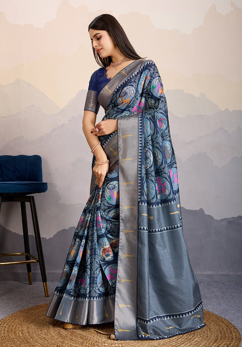 Monjolika Fashion Navy Blue Zari Border Work Dola Satin Digital Printed Trendy Saree