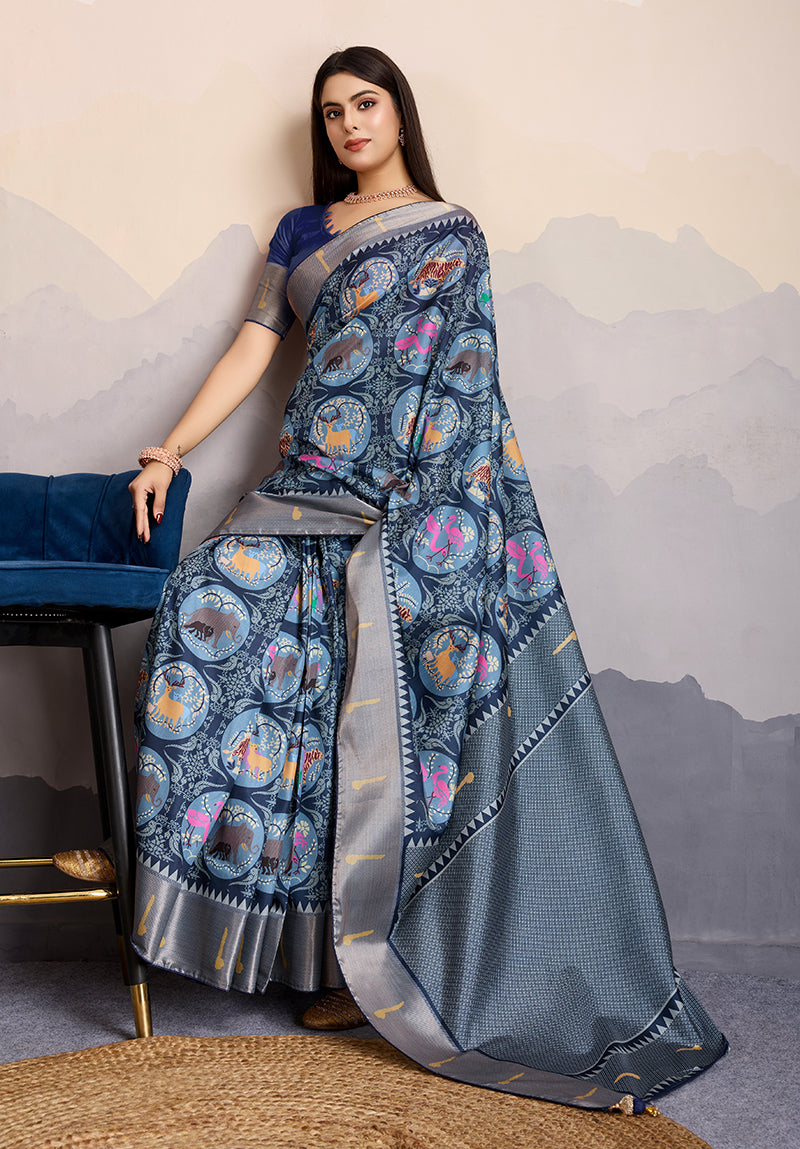 Monjolika Fashion Navy Blue Zari Border Work Dola Satin Digital Printed Trendy Saree
