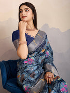 Monjolika Fashion Navy Blue Zari Border Work Dola Satin Digital Printed Trendy Saree