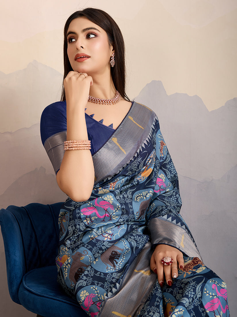 Monjolika Fashion Navy Blue Zari Border Work Dola Satin Digital Printed Trendy Saree