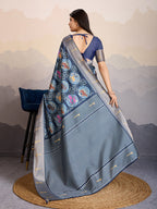 Monjolika Fashion Navy Blue Zari Border Work Dola Satin Digital Printed Trendy Saree