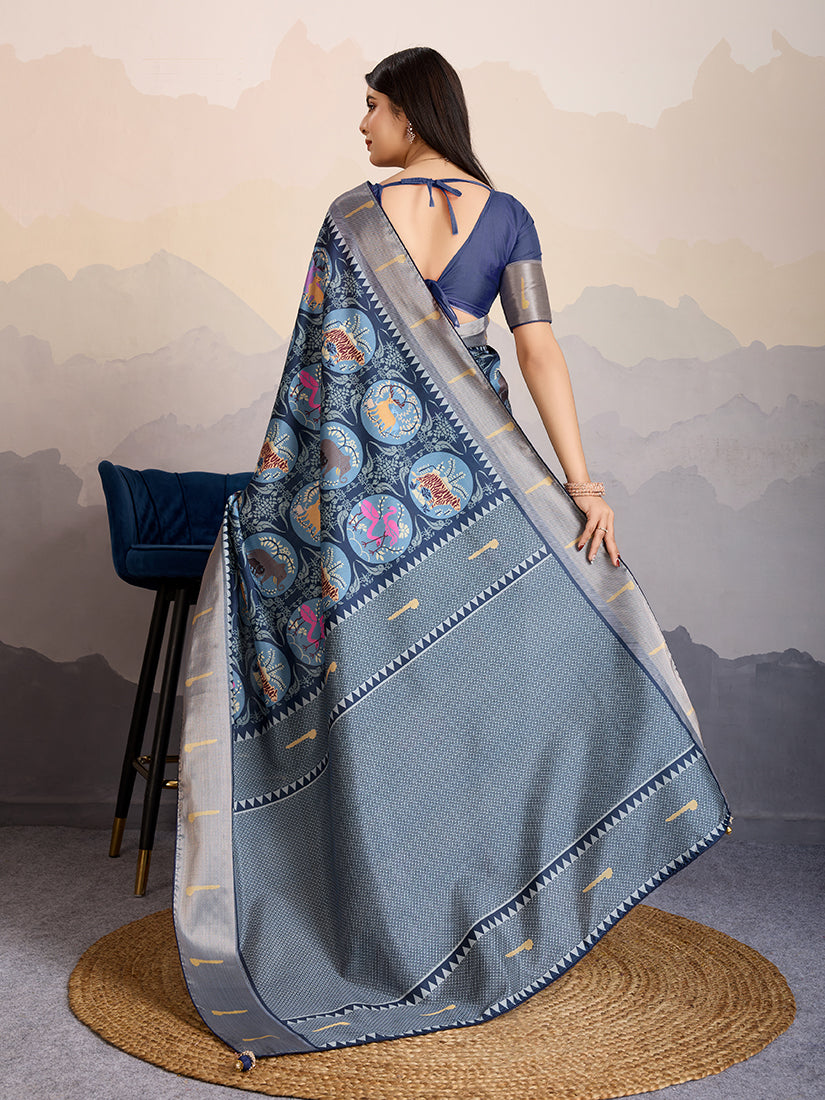 Monjolika Fashion Navy Blue Zari Border Work Dola Satin Digital Printed Trendy Saree