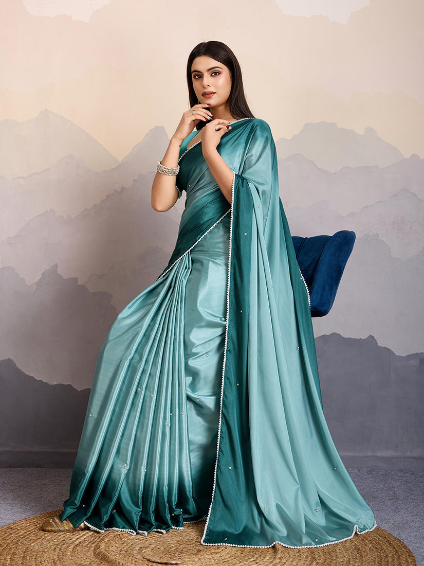 Monjolika Fashion Teal Blue Color Satin Crepe Pearl Lace Border Party Wear Saree