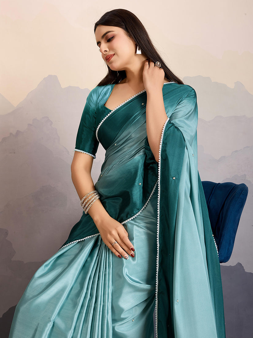Monjolika Fashion Teal Blue Color Satin Crepe Pearl Lace Border Party Wear Saree