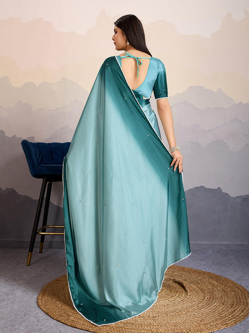 Monjolika Fashion Teal Blue Color Satin Crepe Pearl Lace Border Party Wear Saree