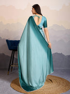 Monjolika Fashion Teal Blue Color Satin Crepe Pearl Lace Border Party Wear Saree