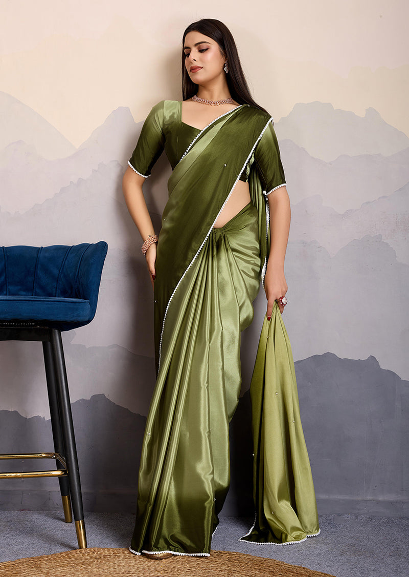 Monjolika Fashion Olive Green Color Satin Crepe Pearl Lace Border Party Wear Saree