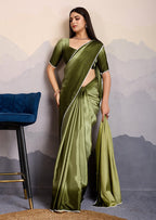 Monjolika Fashion Olive Green Color Satin Crepe Pearl Lace Border Party Wear Saree
