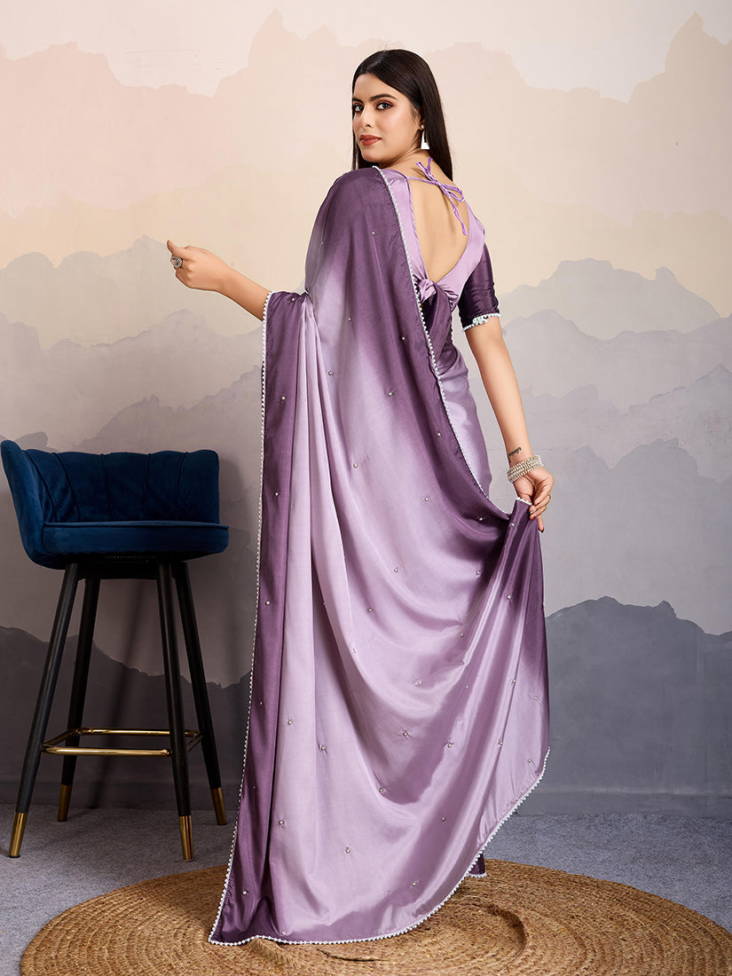 Monjolika Fashion Purple Color Satin Crepe Pearl Lace Border Party Wear Saree