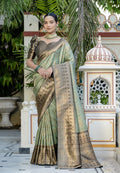 Monjolika Fashion Light Cyan Color Kanjivaram Silk Meenakari Weaving Work Classic Saree