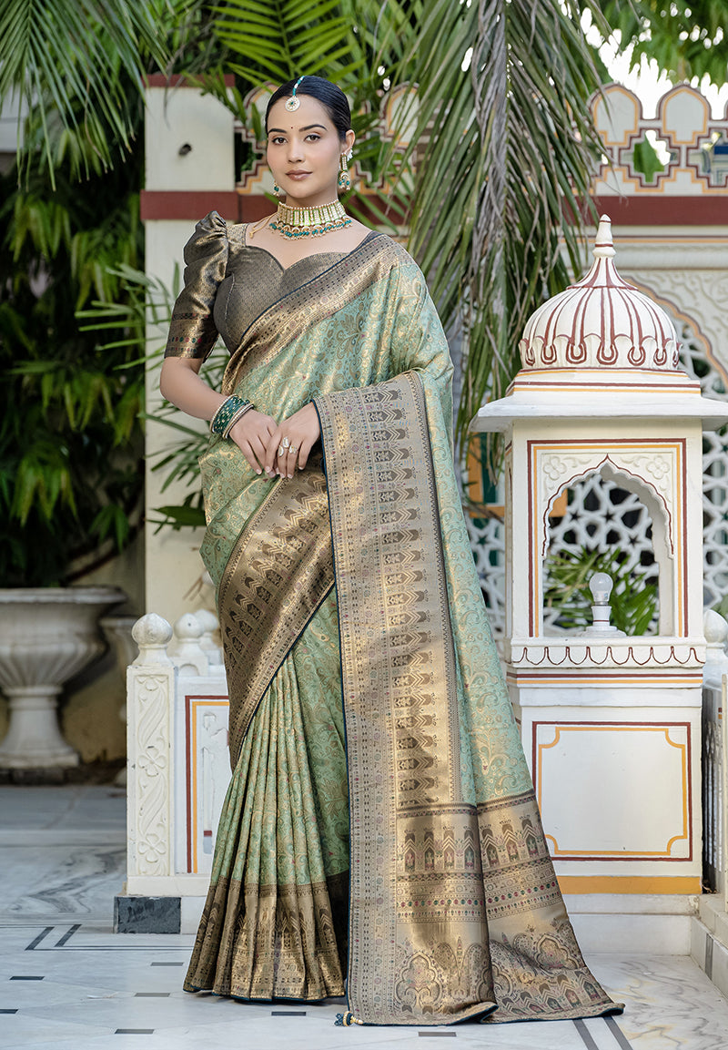 Monjolika Fashion Light Cyan Color Kanjivaram Silk Meenakari Weaving Work Classic Saree