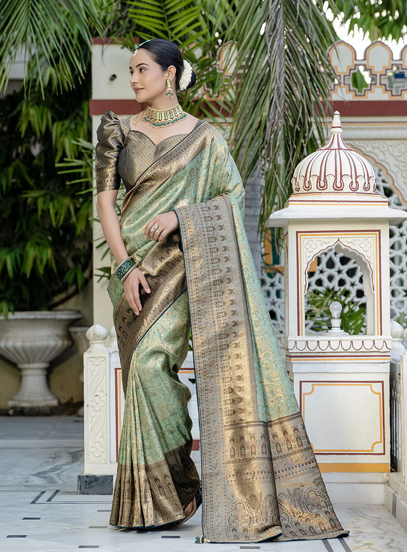 Monjolika Fashion Light Cyan Color Kanjivaram Silk Meenakari Weaving Work Classic Saree