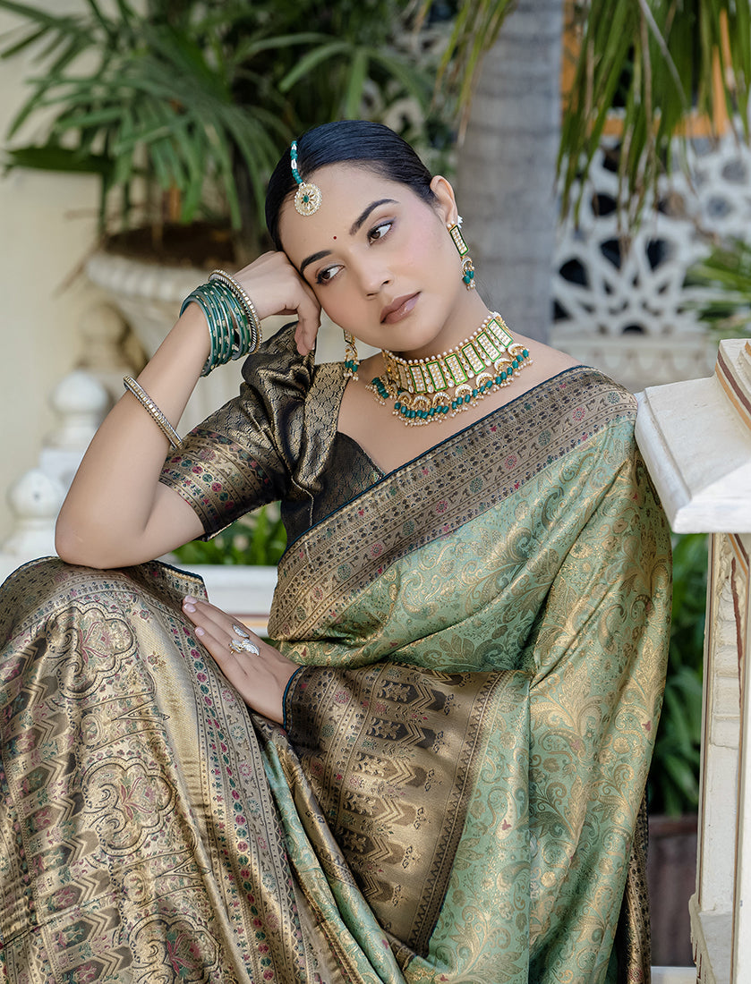 Monjolika Fashion Light Cyan Color Kanjivaram Silk Meenakari Weaving Work Classic Saree