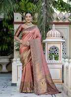 Monjolika Fashion Light Red Color Kanjivaram Silk Meenakari Weaving Work Classic Saree