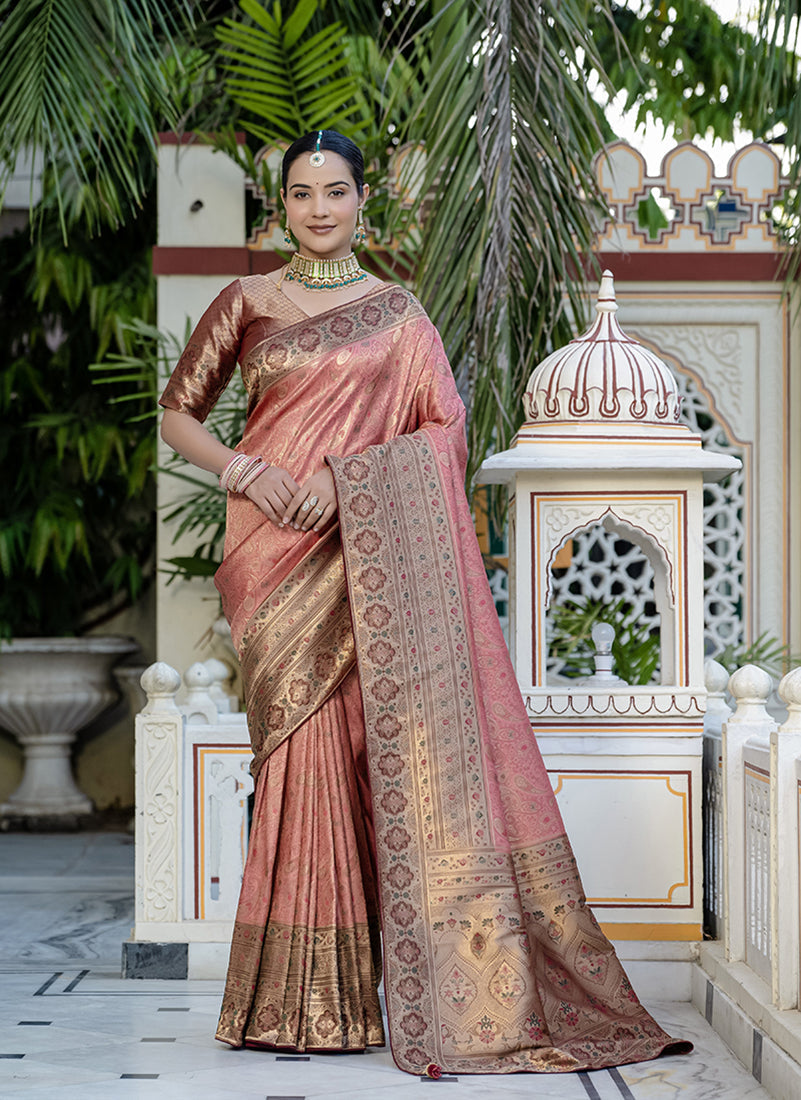 Monjolika Fashion Light Red Color Kanjivaram Silk Meenakari Weaving Work Classic Saree