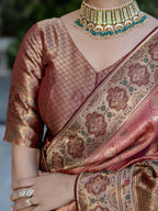 Monjolika Fashion Light Red Color Kanjivaram Silk Meenakari Weaving Work Classic Saree