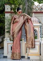Monjolika Fashion Light Red Color Kanjivaram Silk Meenakari Weaving Work Classic Saree