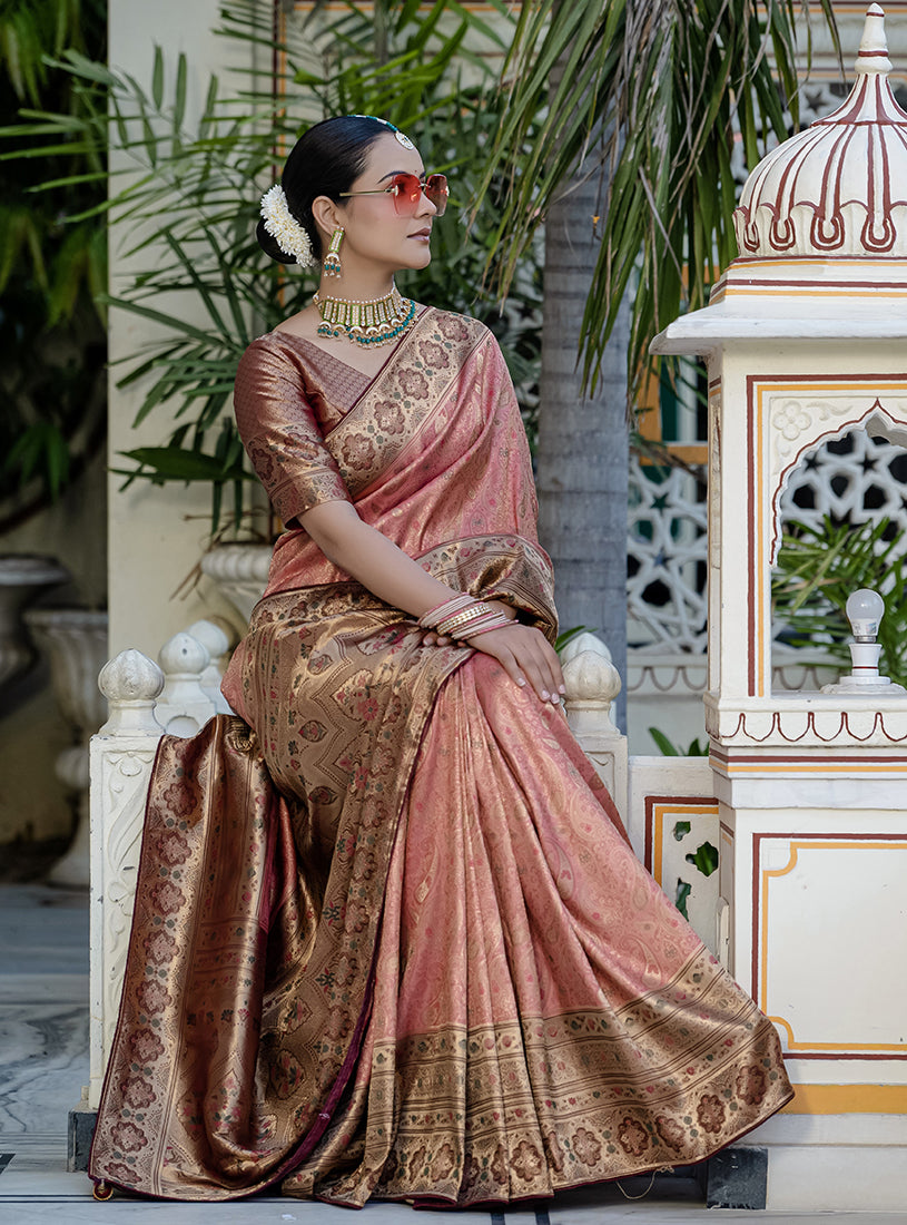 Monjolika Fashion Light Red Color Kanjivaram Silk Meenakari Weaving Work Classic Saree