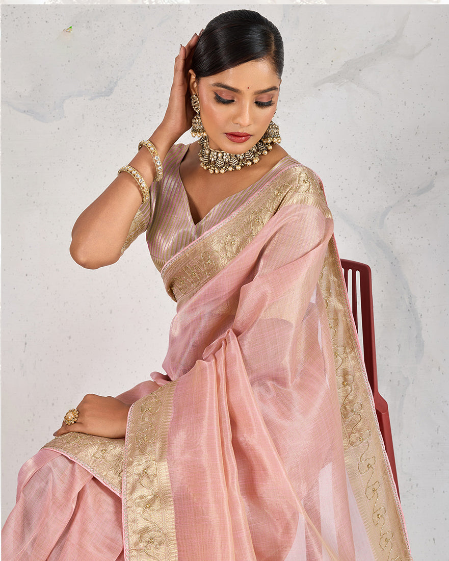 Monjolika Fashion Tissue Linen Light Pink Color Woven Classic Saree