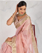 Monjolika Fashion Tissue Linen Light Pink Color Woven Classic Saree