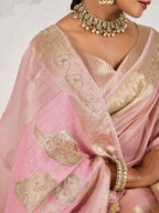 Monjolika Fashion Tissue Linen Light Pink Color Woven Classic Saree