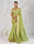 Monjolika Fashion Tissue Linen Parrot Green Color Woven Classic Saree