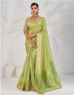 Monjolika Fashion Tissue Linen Parrot Green Color Woven Classic Saree