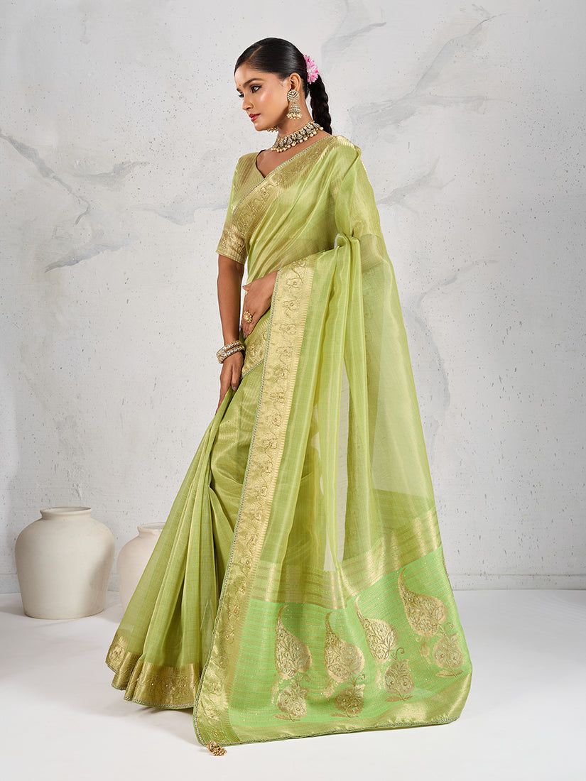 Monjolika Fashion Tissue Linen Parrot Green Color Woven Classic Saree