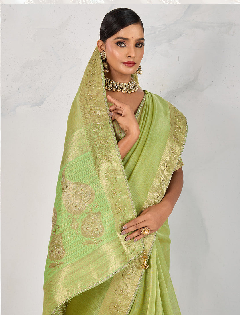 Monjolika Fashion Tissue Linen Parrot Green Color Woven Classic Saree