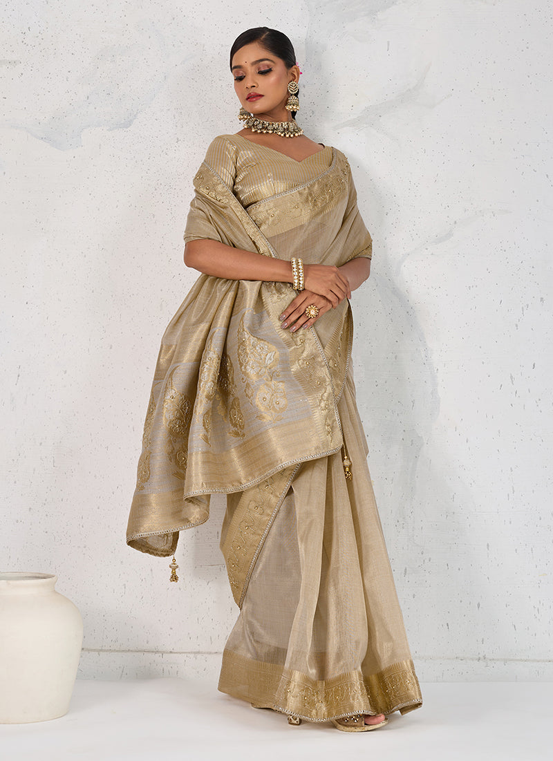 Monjolika Fashion Tissue Linen Beige Color Woven Classic Saree