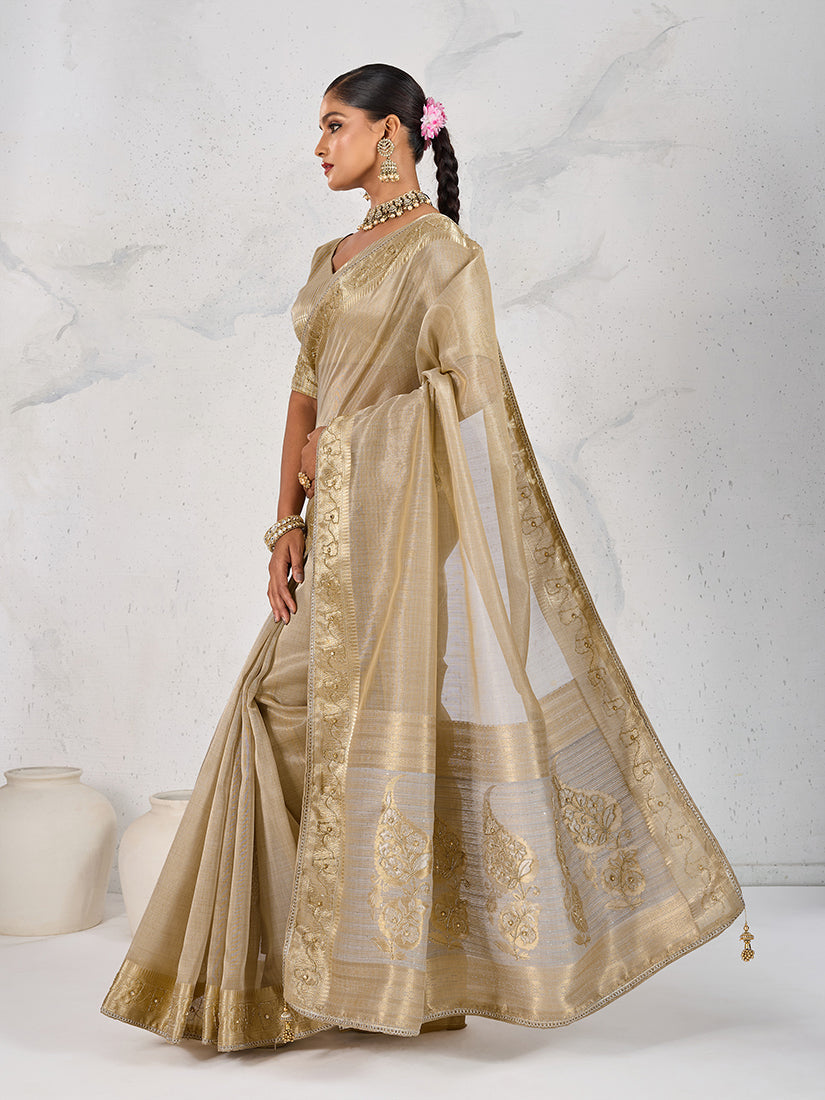 Monjolika Fashion Tissue Linen Beige Color Woven Classic Saree
