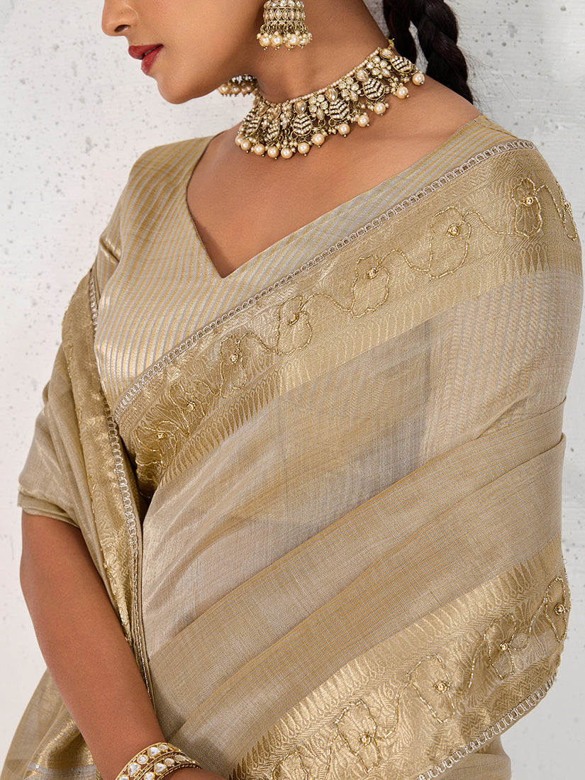 Monjolika Fashion Tissue Linen Beige Color Woven Classic Saree