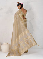 Monjolika Fashion Tissue Linen Beige Color Woven Classic Saree