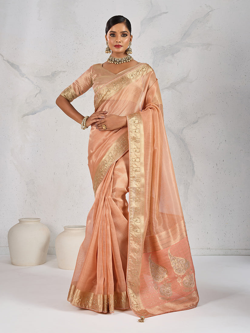Monjolika Fashion Tissue Linen Peach Color Woven Classic Saree