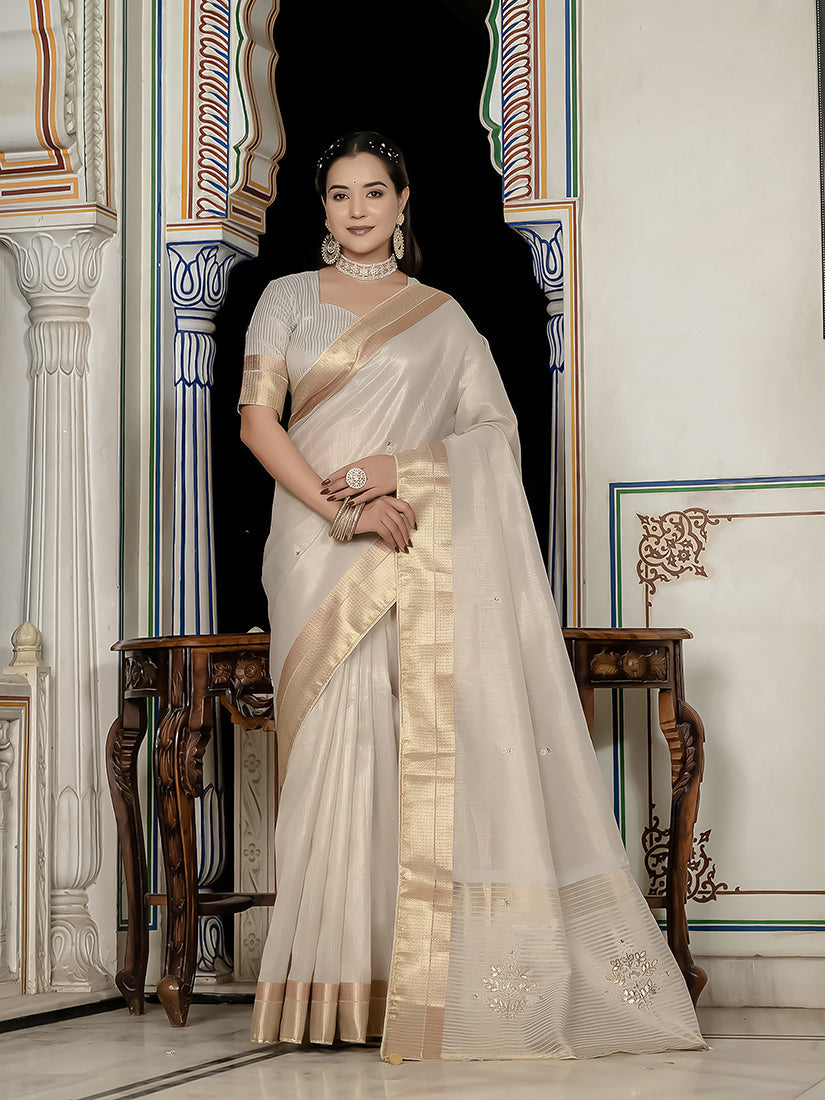 Monjolika Fashion Silver Color Tissue Linen Khatli Hand Work Designer Saree